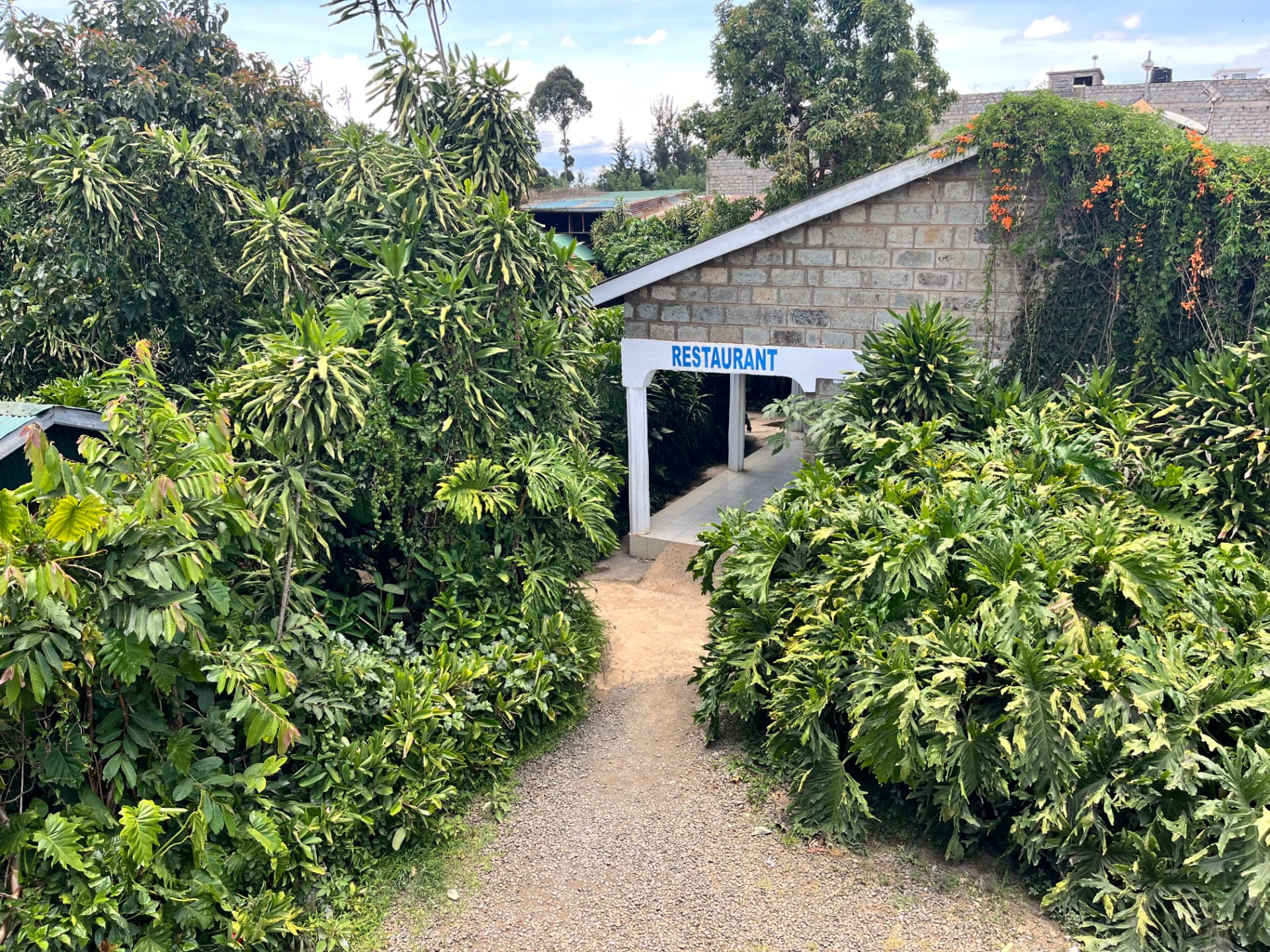 Entrance to Kerio Dreams Restaurant framed by tropical greenery