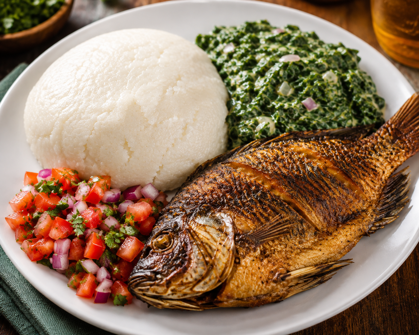 Ugali served with fried tilapia, managu and kachumbari