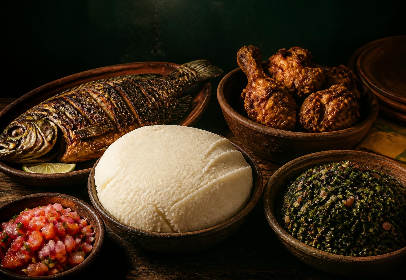 Kenyan meal of ugali, fried fish, chicken, managu and kachumbari